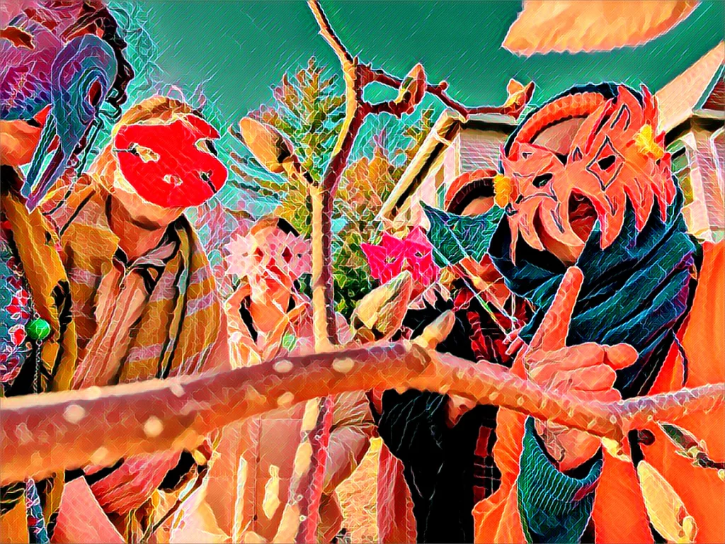 Colorful, swirly illustration of a photograph of some thistle scouts in masks of varying bright hues and complicated shapes! They stand in a group under a clear blue sky with one fluffy orange cloud. Magnolia buds can be seen in the foreground.